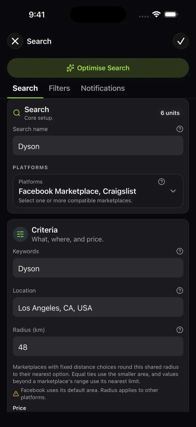 Search keywords, location and price controls